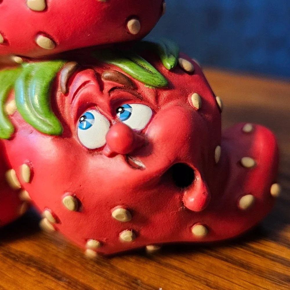 Vintage Anthropomorphic Strawberry Trio Figurine Funny Face Fruit Decor Red